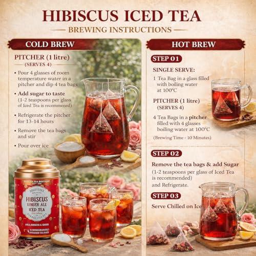 Image of Sancha Hibiscus Ginger Ale Iced Tea | 15 Pyramid Bags | Hibiscus, Amla & Ginger Herbal Blend | Sugar-Free | Not Instant