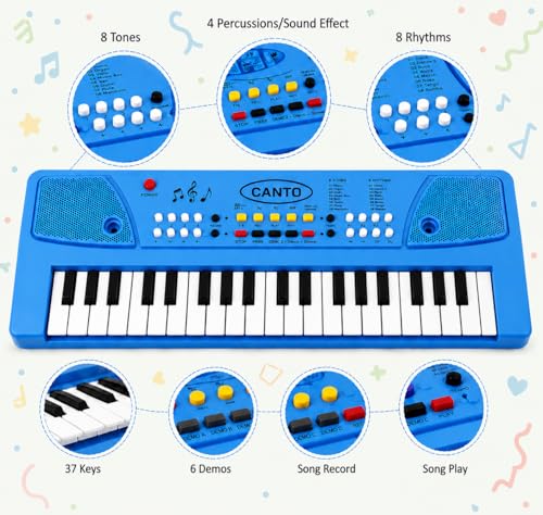 Image of Braintastic Kids Piano Keyboard with Microphone, 37 Keys, 8 Rhythms, 8 Tones with 6 in-Built Demos & Song Recording Feature for Boys & Girls (Blue)