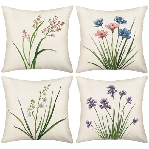 Royalours Throw Pillow Covers Green Leaf Floral Decorative Throw Pillow Case Cushion Cover Cotton Linen Pillowcase for Home Sofa Car 18 x 18 Inches Set of 4 (Fresh Floral)