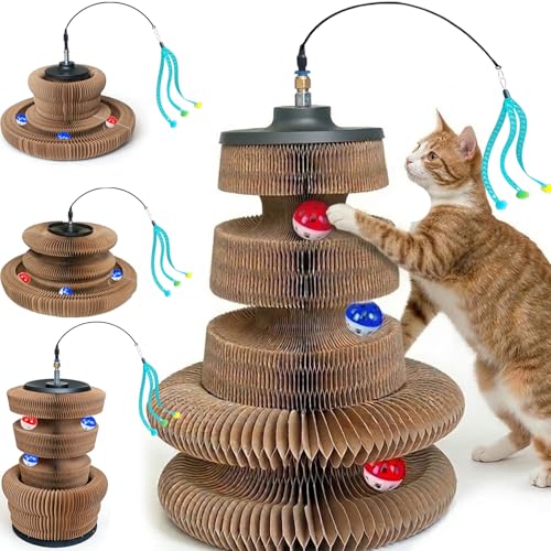 Cat Scratcher Toy Magic Organ Cat Scratcher Accordion Foldable Kurlz-Style Cat Toy with Strong Suction Cup & Metal Teaser Wand - DIY Interactive Shapes for Indoor Cats