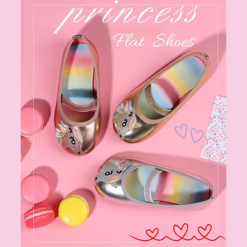 Ballerines pour Fille avec Licorne, Chaussures Basses Décontracté, Couleurs Métallisées, Semelle Arc-en-ciel Antidérapant