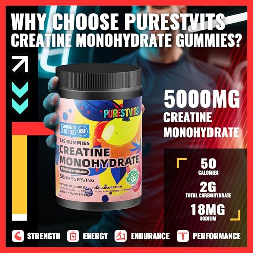 Image of NSF Certified Creatine Gummy 5g - Creatine Monohydrate Gummies - Pre-Workout Energy & Muscle Growth Support for Men & Women | Strawberry Orange Electrolyte Gummies (135 Count)