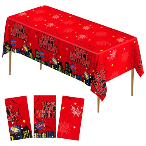 Image of Lcoor 3Pcs Red Spider Web Birthday Decorations Tablecloths, Super Heros Tablecloths for Kids Spider Birthday Party Decoration (Red Spider Web)