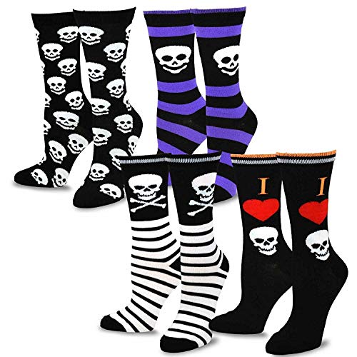 ELEGANI Halloween Scary Fun Socks, Halloween Kids Fun Crew Socks 4-Pair Pack (Skull Stripe/Boys and Girls Socks)