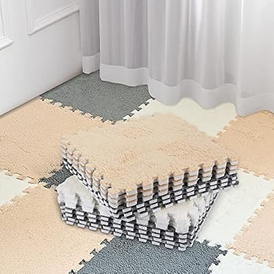 Amylove 36 Pack Plush Foam Floor Mat Square Interlocking Carpet Tiles with Border Fluffy Play Mat Floor Tiles Soft Climbing Rugs for Bedroom Playroom, 12 x 12 x 0.4 in(White, Light Gray, Camel)