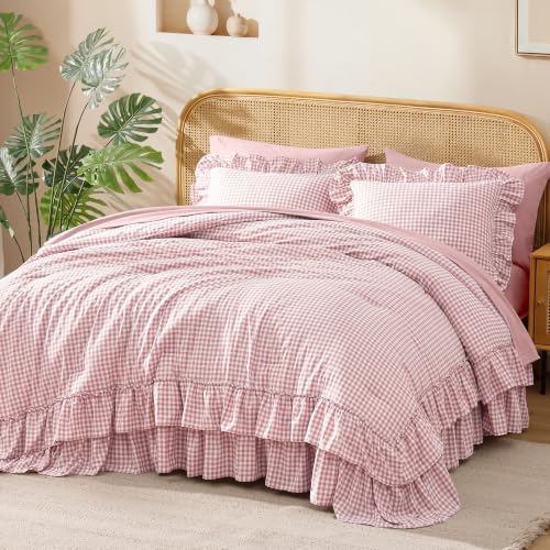 Image of Full Size Comforter Set Pink Gingham Ruffle 7 Pieces Farmhouse Bed in a Bag | Shabby Chic Fluffy Bedding Sets with Sheets, Pillowcases & Shams