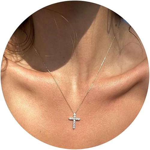 Collar de cruz para mujer, chapado en oro de 14 quilates, delicado collar de cruz en capas, collar de mal de ojo, collar simple de cruz lateral,