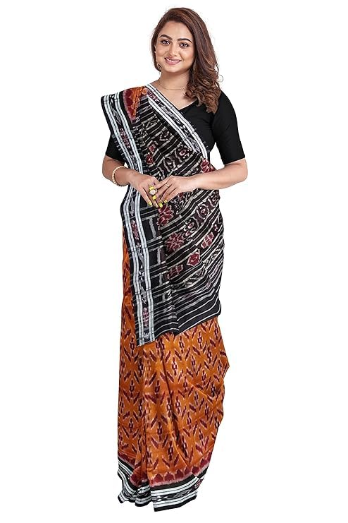 Image of Ikat Women's Cotton Saree, Handmade Pure Cotton Khandua Saree, Ikkat Orissa Traditional Handloom Saree Without Blouse