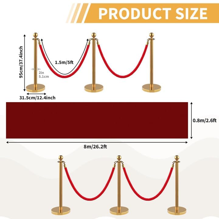 121Pcs Stanchions and Velvet Ropes with 15ft Red Carpet,Complete Crowd Control Barriers Set with 10 Red Velvet Ropes & Stainless Steel Posts for Party, Wedding, Event Supplies,Gold Red Carpet Gold 12