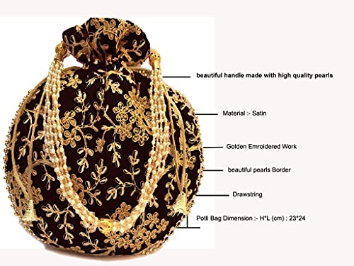 Ethnic Designer Embroidery Potli Bag For Women With Intricate Gold Thread & Sequin Work Batwa Pearls Handle(H*L:9 * 9.5(Inch),(23X24(Cm), (Handle Dm:- H*L(Cm) 20 * 14) (Black) #TOP5