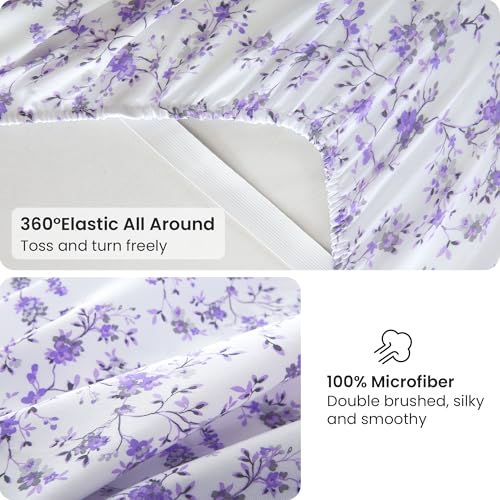 Image of Viviland Floral King Sheet Set - 4 Piece Purple Lavender Botanical Patterned Bed Sheets - Soft, Breathable Microfiber Sheets with Deep Pocket, Non-Slip Fitted Sheets & Pillowcases