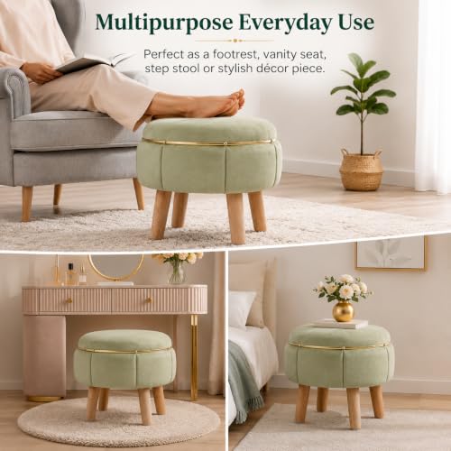 Image of Velvet Upholstered Round Ottoman Footstool | Anti-Slip Feet | Multipurpose Footrest, Step Stool & Vanity Seating & Decor | 40 x 30 cm (16 x 12 Inch) | Light Green