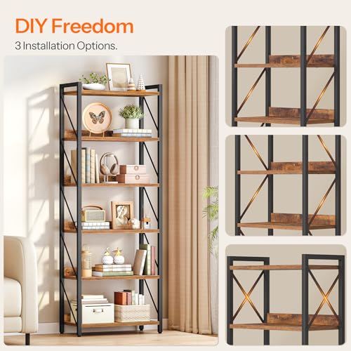 Image of HOOBRO Bookshelf, 6-Tier Industrial Bookcase, Book Shelf Storage Organizer, Tall Bookshelf with Metal Frame for Living Room, Bedroom, Home Office, Kitchen, Rustic Brown and Black BF726SJ01