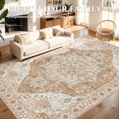 Deerly Large Washable Living Room Rugs 9x12 Boho Vintage Area Rug Indoor Bedroom Carpet with Non Slip Rubber Backing for Under Dining Table Office Farmhouse, Caramel/Beige/Multi