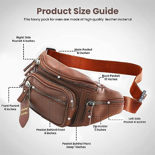 Fanny Pack Waist Bag Multifunction Genuine Leather Hip Bum Bag Travel Pouch for Men and Women- Multiple Pockets & Sturdy Zippers Ideal for Hiking Running And Cycling, Tan, One Size
