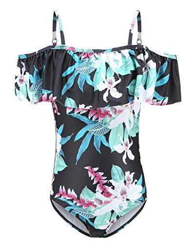 Image of Girls One Piece Swimsuits Off Shoulder Bathing Suit Kids Hawaiian Floral Swimwear 3-16 Years
