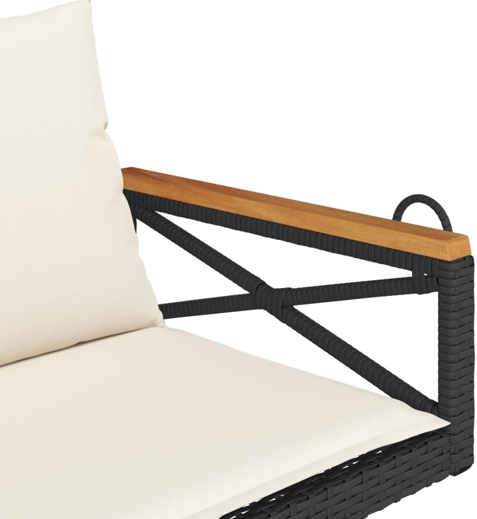 vidaXL Swing Bench Chair with Cream Cushions - Black Poly Rattan, Outdoor Hanging Seat for Garden, Patio, Deck, UV-, 42.9"x 24.4"x 15.7"
