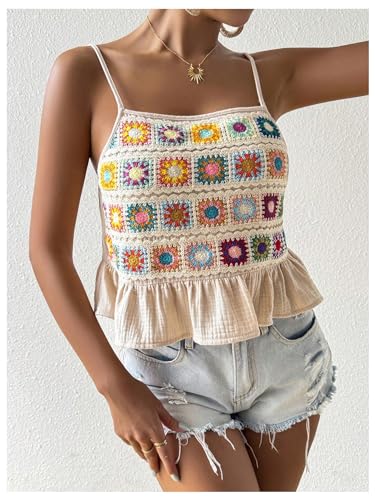 SHENHE Women's Floral Crochet Ruffled Sleeveless Cami Tank Top Boho Summer Peplum Top3