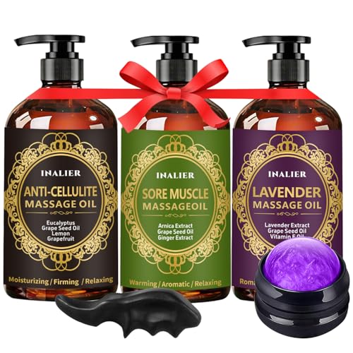 Image of Massage Oil for Massage Therapy,3 Pack Cellulite Massage Oil,Sore Muscle Arnica Oil & Lavender Massage Body Oil with Massage Ball & Thumb Saver Tool,Mens Gifts,Birthday Gifts for Women and Men