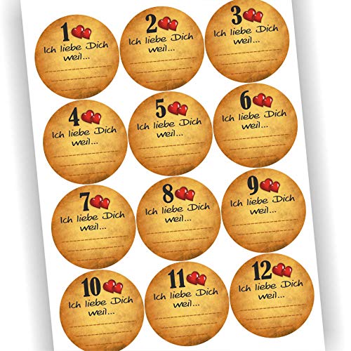 24 Aufkleber Ich liebe dich, weil... Adventskalender Zahlen Aufkleber Sticker Etikett Fest Weihnachten