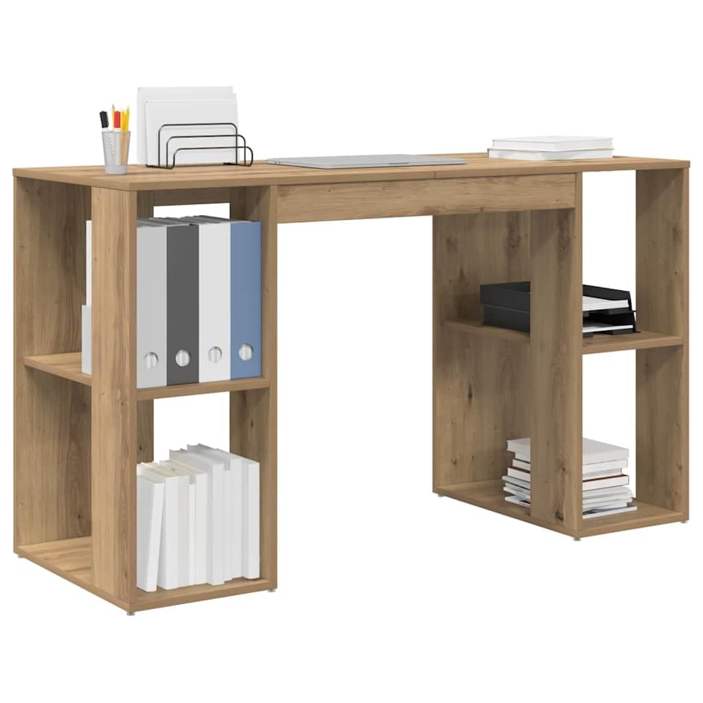 Scrivania in legno di rovere Artisan, 130 x 50,5 x 75 cm, con vano portaoggetti, 2 ripiani, ergonomica, per casa, ufficio, lavoro al computer, laptop, gaming, segretario, mensola, gestione