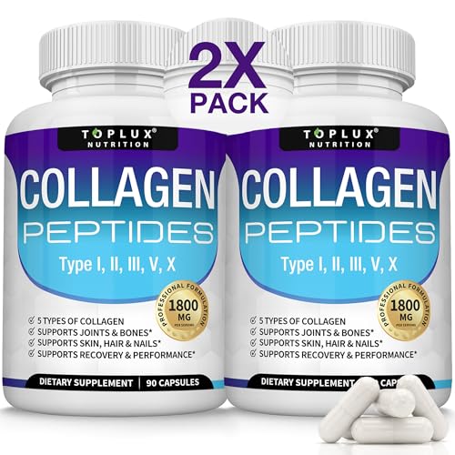 Toplux Multi Collagen Peptides Pills 1800 Mg Complex - Type I II III V X Premium Collagen Complex for Better Skin & Hair Strong Joint Hydrolyzed Protein for Men Women 90 Capsules Supplement