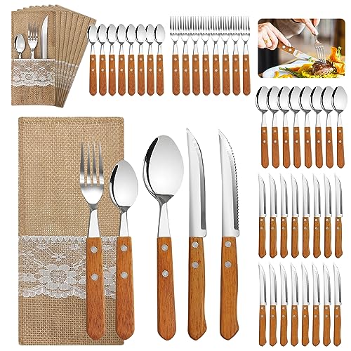 Daily Treasures 48-Piece Flatware Cutlery Set, Stainless Steel Cutlery Silverware with Wooden Handles, Premium Utensils Knife Fork and Spoon Set, Includes Steak Knives, Straws Service for 8 People