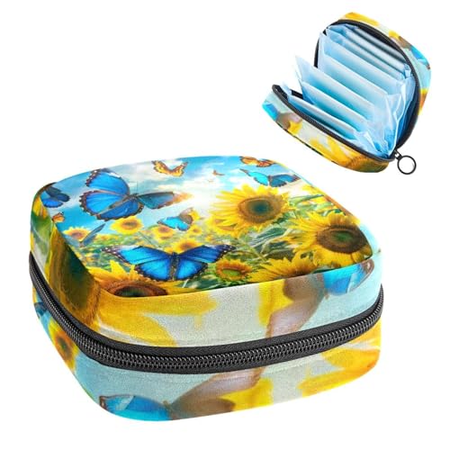 Sanitary Napkin Storage Bag for Women Cute, Feminine Menstruation Pad Holder for Period, Portable Zipper Menstrual Pad Bags Flying Butterflies Among The Sunflowers