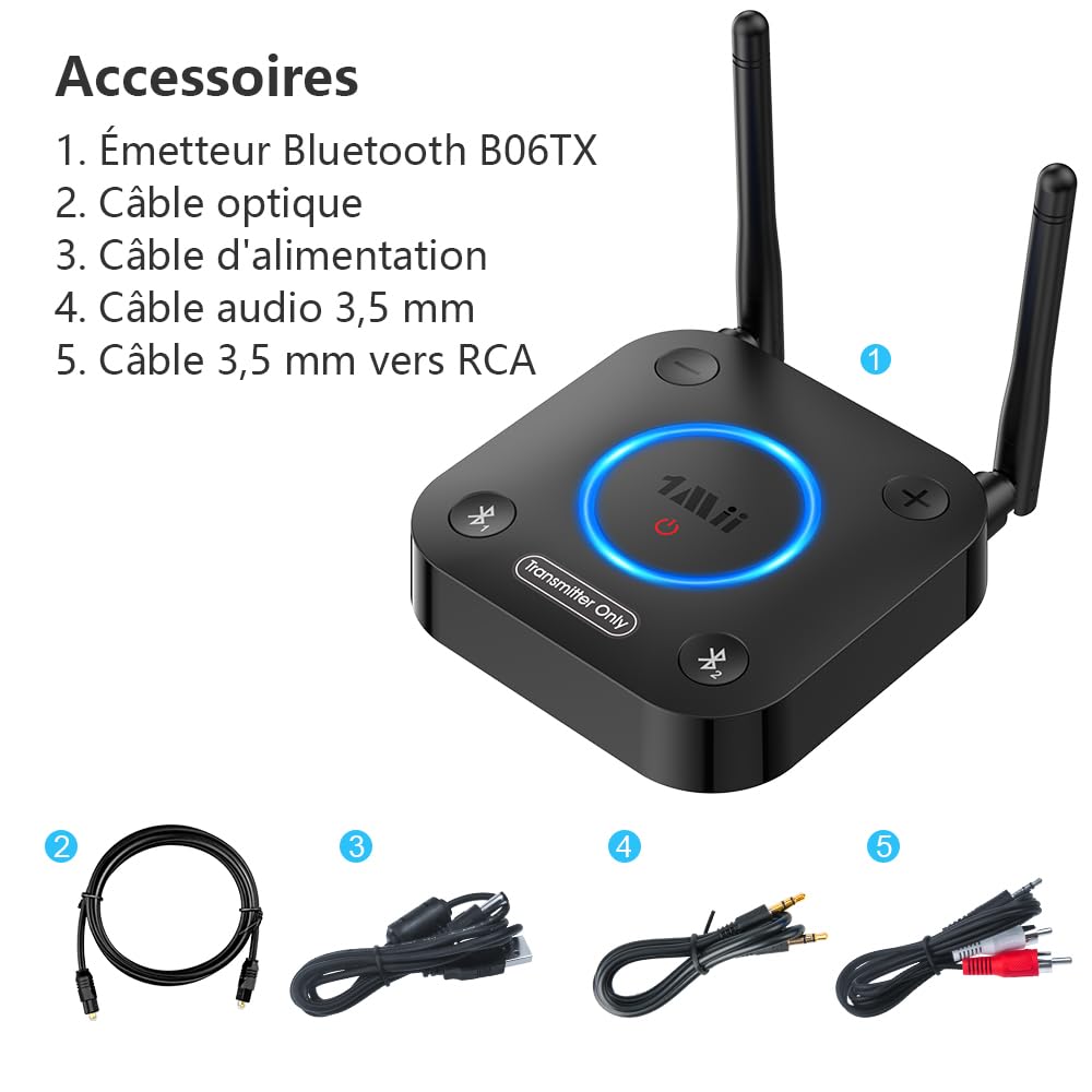 1Mii B06TX Émetteur Audio Bluetooth 5.3 pour TV, Transmetteur Adaptateur Bluetooth pour 2 Casques, aptX Faible Latence et HD, Longue Portée, Contrôle du Volume, AUX RCA Optique Coaxiale [Upgraded]