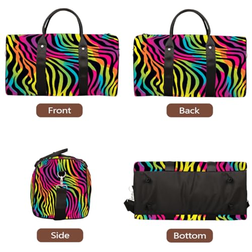 Rainbow Color Zebra Skin Print Travel Duffel Bag Sports Tote Gym Bag Waterproof Tear-Resistant Carry On Overnight Bag Foldable Weekender Bag for Gym Travel Getaway Beach Sports3