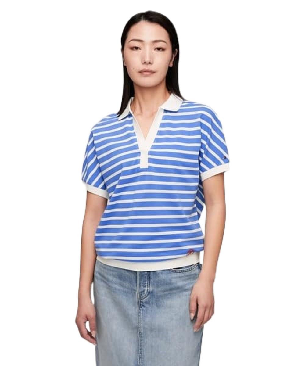 Tommy Hilfiger Women's RLX Lyocell SMD Polo Ss Ww0ww41889 S/S Polos, Blue (Breton Ecru/Blue Spell), S