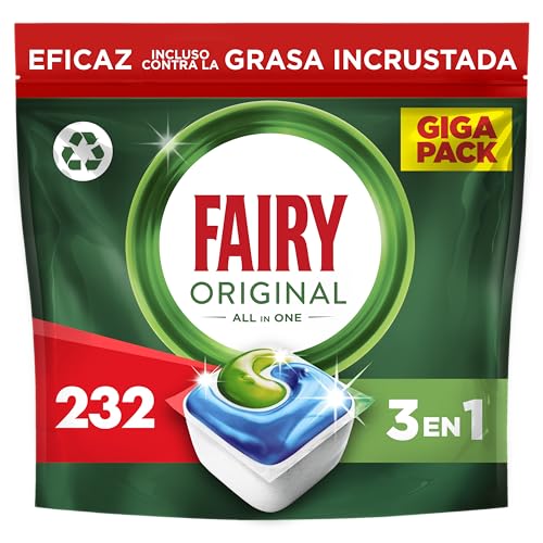 Fairy Original Todo En Uno Pastillas Lavavajillas, 232 Capsulas, Elimina Grasa Reseca, Detergente Lavavajillas con Aroma a Limpio y Fresco