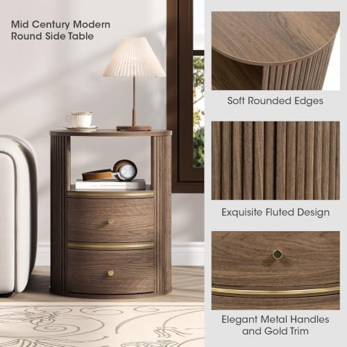 Image of JOINICE Round Coffee Table and End Table Set,31.5 inch Mid Century Modern Living Room Furniture, Walnut Fluted Center Table with Storage & Matching Side Table for Small Space