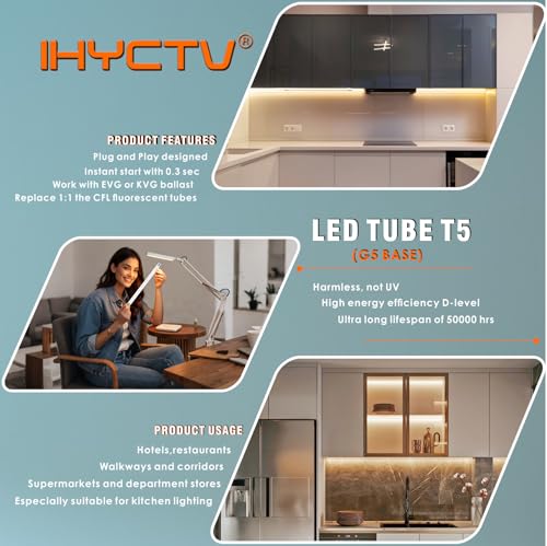 IHYCTV T5 LED Röhre 7W 517mm für 13W Leuchtstoffröhre, EVG/KVG Kompatibel mit G5 Sockel, 910lm 4500K Neutralweiß, 300° Beleuchtungswinkel, Glas, Nicht Dimmbar, 1 Stück