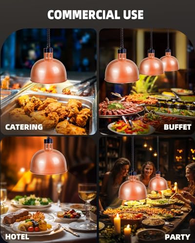 Hanging Food Heat Lamp: Commercial Heat Lamp for Food Hanging Heating Lamps with Infrared Bulb Warming Lamp for Food Service Restaurant Buffet, Height Adjustable, Painted Copper (Dia 28cm / 11in)