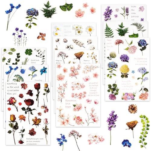 Habett 160+ PCS Natural Flower Stickers for Scrapbooking Transparent Stickers for Journaling DIY Crafts Planners Bullet Journals Water Bottle Adult Card Making Letters Scrapbook Supplies