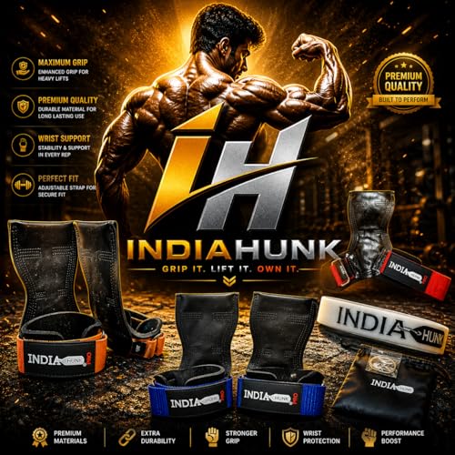 Image of INDIAHUNK Weight Lifting Grips (Pair) for Heavy Powerlifting, Deadlifts, Rows & Pull Ups - Neoprene Padded Wrist Wrap Support with Strong Rubber Grips, Bodybuilding Straps, Free Grip Pouch ( Purple)