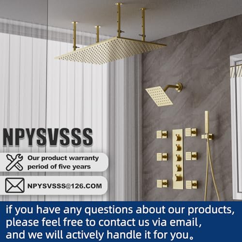 NPYSVSSS Dual Shower Heads System 16"x32" Ceiling Mount Rainfall and 6" Wall Mounted Shower Heads with 6 body Jets Thermostatic Shower Valve Full Body Shower System Can All Run Together Brushed Gold by NPYSVSSS - Image 9
