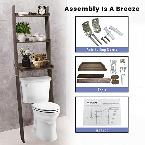 Eelexa Over The Toilet Storage Ladder Shelf 3 Tier Wooden Over Toilet Bathroom Organizer Rack For Small Space, Bathroom, Restroom, 70 Inch Tall, Dark Brown #TOP6