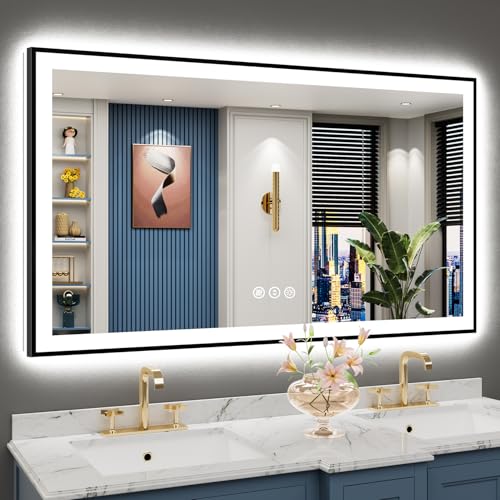 Image of 55x30 Black Framed LED Bathroom Mirror with Lights, Backlit and Front Lit Anti-Fog Lighted Vanity Mirrors for Bathroom Wall, Dimmable, 3-Color Light, Memory, Shatter-Proof, HD Tempered Glass