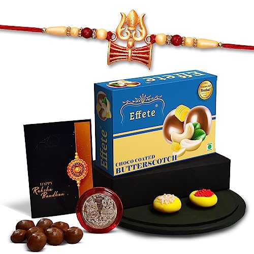 Image of DeoDap Multicolor Trishul Rakhi Bracelet Roli Chawal with Chocolate Butter Scotch 32gm, Silver Pooja Coin, Tilak Set, Greeting Card - Rakhi Gift for Brother