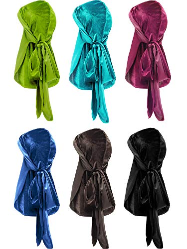 Tatuo 6 Pieces Stretchable Luxury Velvet Durag Cap Straps Headwraps with Long Tail and Wide Straps (Olive Green, Aquamarine, Deep Pink, Blue-Grey, Brown, Black)