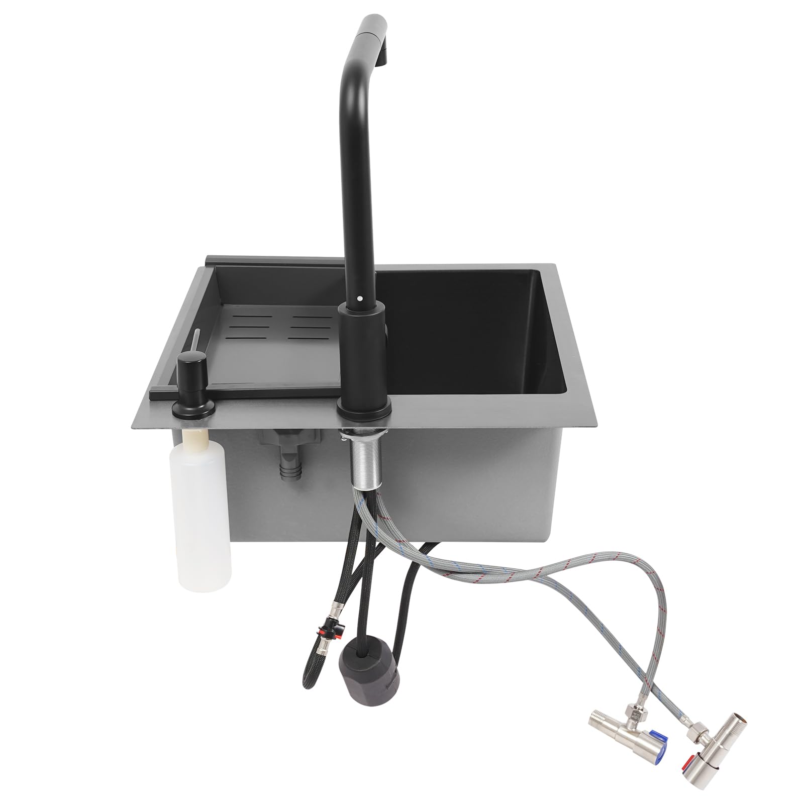 Fregadero de cocina de acero inoxidable con grifo, color negro, 45 x 45 cm, incluye grifo extensible, dispensador de jabón y desagüe