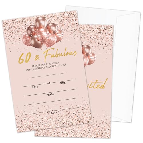 AWDSTN Rose Gold 60th Birthday Party Invitations with Envelopes, Sixty & Fabulous Birthday Invites, 20 Set Party Celebration Supplies & Favors - 31