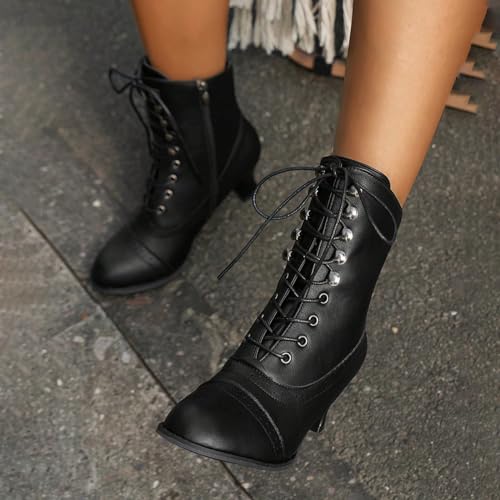Victorian Boots for Women,Vintage Granny Witch Boot Renaissance Ankle Boot Low Heel Lace Up Booties with Zipper Fall Booties for Women 2025 Non Slip Work Boots Woman2