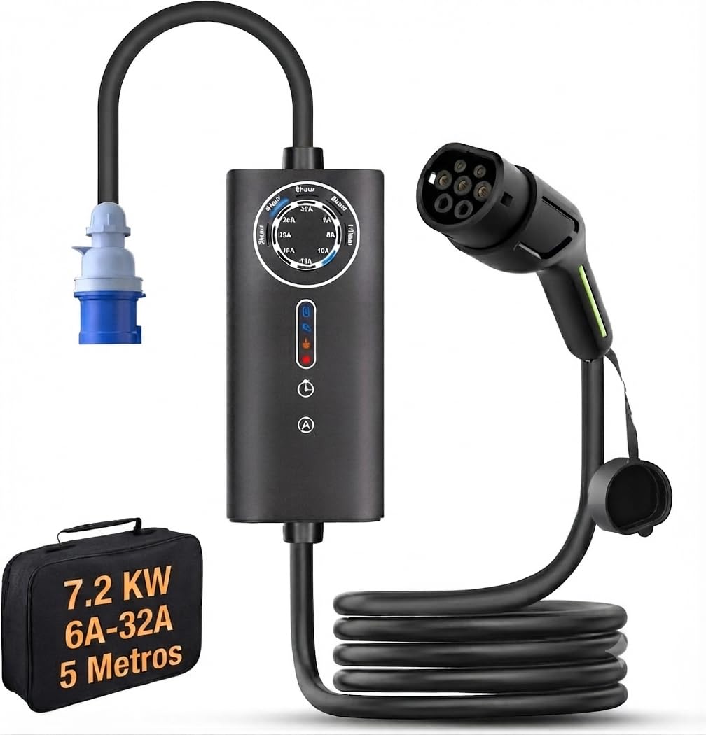 Junsun Cargador EV Portátil 7.2KW Monofásico, Corriente Ajustable 6A-32A, Cable 5m con Enchufe CEE Industrial Azul, Maletín de Transporte Incluido – Ideal para Coche Eléctrico e Híbrido