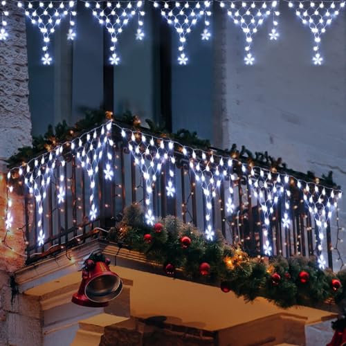 Outdoor Christmas Decorations Lights 13.8ft 200 LED Christmas Lights with 12 Stars,Dimmable Curtain Fairy Light with 8 Modes for Wedding Party Holiday Christmas Decor(White)