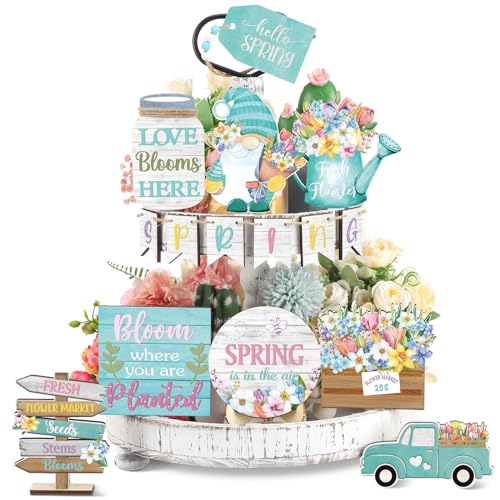 Marsui 15 Pcs Spring Flower Tiered Tray Decor Set Rustic Farmhouse Spring Floral Table Home Kitchen Shelf Tabletop Centerpiece Office Decorations (Novel)