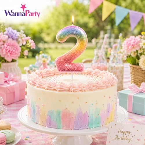 Image of Wanna Party Glitter Colorful 2nd Birthday Candle, Number 2 Cake Candle Cake Toppers for Girl Women, Glitter Colorful Themed Party Decorations Supplies Birthday Gifts