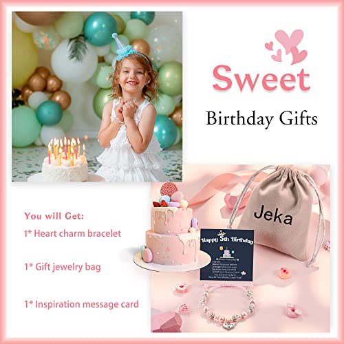 Jeka Happy Birthday Gifts for 5-10 Year Old Girls, 10th Birthday Pink Pearl Heart Charm Bracelets Gifts for Girls Daughter Granddaughter Niece Cousin 6